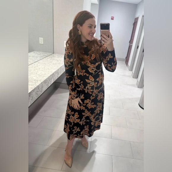 Tanya Taylor Floral Thea Dress Navy Orange Jersey Midi Turtle Neck Large. - Picture 4 of 13